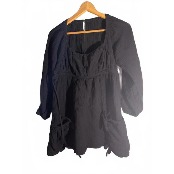 Tops - Black Gauze Open Back Long Sleeve Tunic  with Pockets Medium